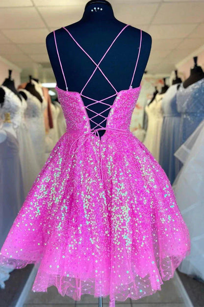 New Arrival Sequins Pink Above Knee A Line Spaghetti Straps Homecoming Dresses Short Cocktail Dresses