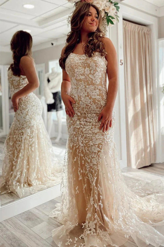 New Arrival Spaghetti Straps Lace Mermaid Prom Dresses With Appliques