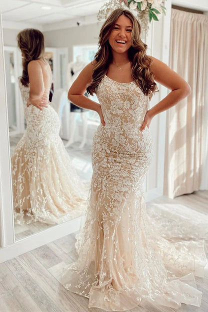 New Arrival Spaghetti Straps Lace Mermaid Prom Dresses With Appliques