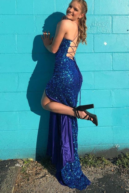 New Arrival Spaghetti Straps Sequins Mermaid Prom Dresses With Split