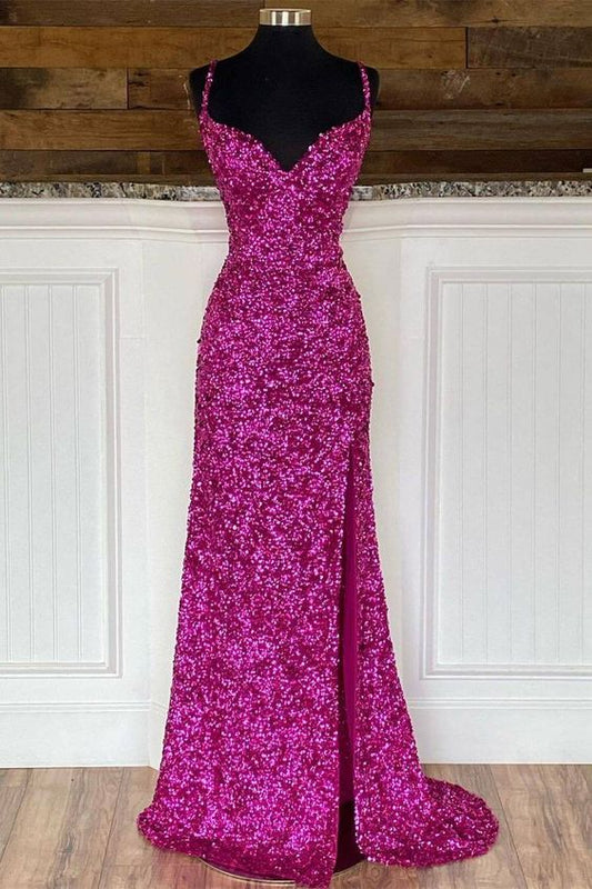 V Neck Sequin Mermaid Long with Slit Prom Dresses