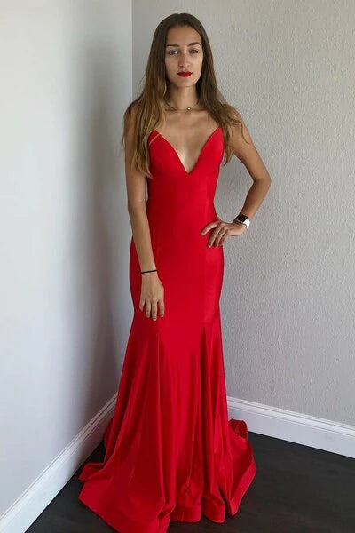Mermaid Red Spaghetti Straps Backless Prom Dress Open Backs Evening Gowns