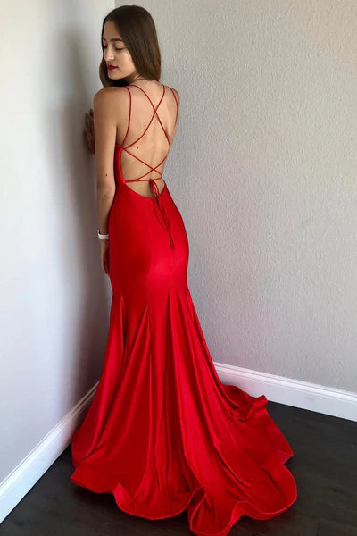 Mermaid Red Spaghetti Straps Backless Prom Dress Open Backs Evening Gowns