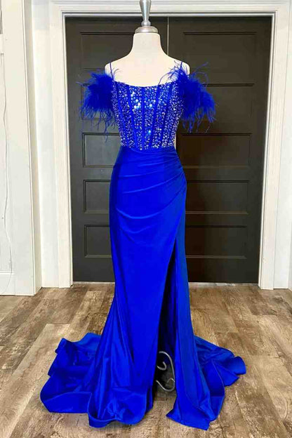 Mermaid Satin Off The Shoulder Beaded Side Slit Long Prom Dresses With Feather