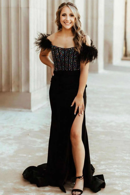 Mermaid Satin Off The Shoulder Beaded Side Slit Long Prom Dresses With Feather