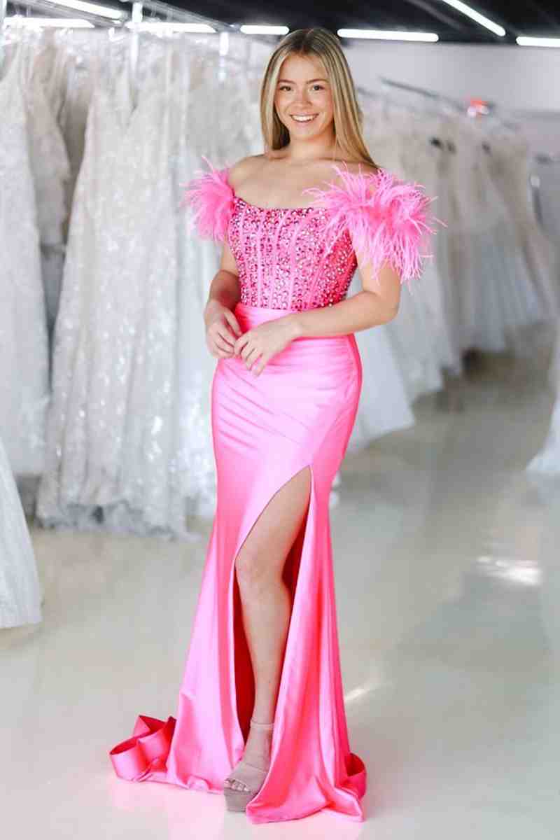 Mermaid Satin Off The Shoulder Beaded Side Slit Long Prom Dresses With Feather