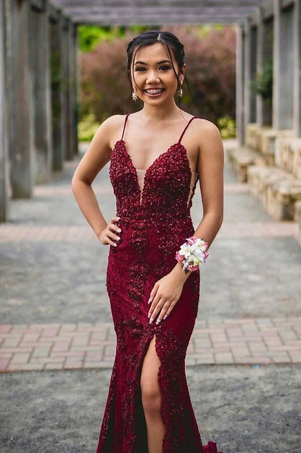 V-Neckline Backless Prom Dress Dark Burgundy Evening Formal Gowns