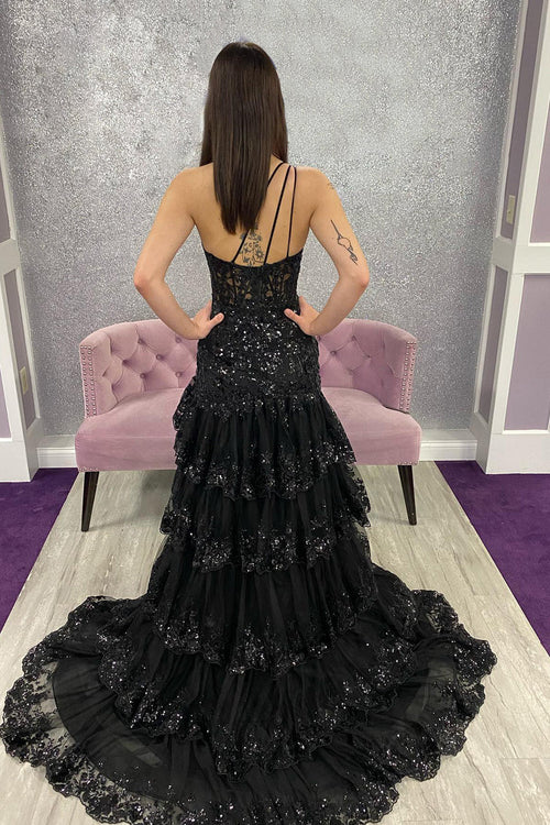 New Style One Shoulder A Line Tulle Sequin-Embroidery Tiered Prom Dresses with Slit