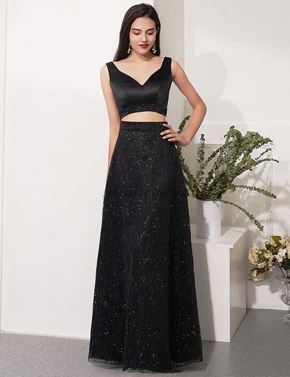 V Neck Two Pieces Fashion Black Sweet  Gown Prom Dress for Spring Teens