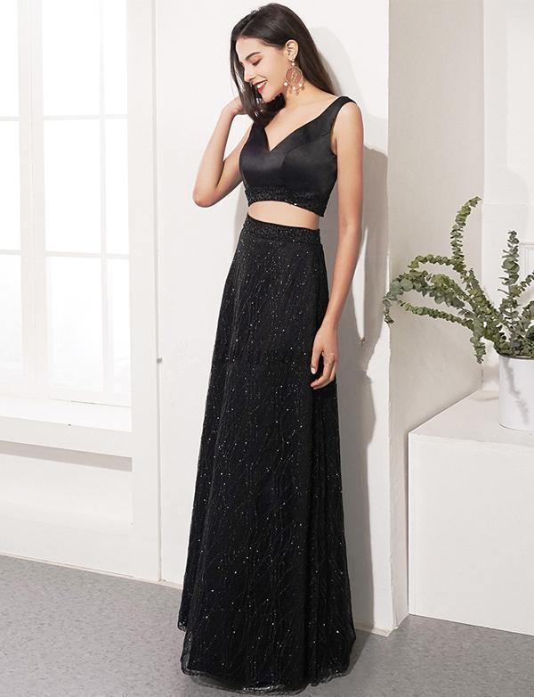 V Neck Two Pieces Fashion Black Sweet  Gown Prom Dress for Spring Teens
