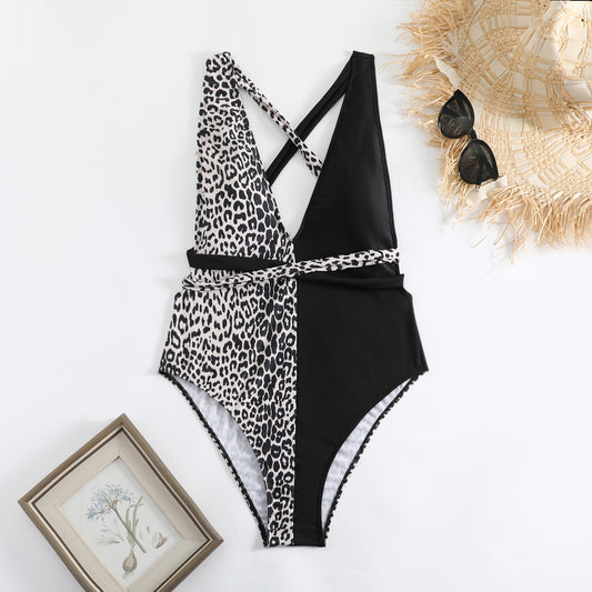 Beaira New one-piece swimsuit women's swimsuit color blocked spot lace up sexy backless