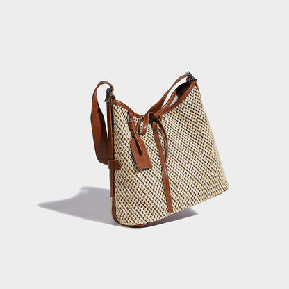 Beaira Leisure vacation style hollow woven straw bucket bag new splicing large capacity single shoulder tote beach bag