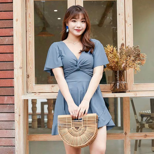 Beaira Split swimsuit for women plus size fat MM skirt style concealing flesh slimming flat angle conservative sexy V-neck hot spring swimsuit