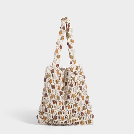 Beaira New cross-border handmade bead bag niche woven contrasting tote bag bead mesh bag single shoulder handbag