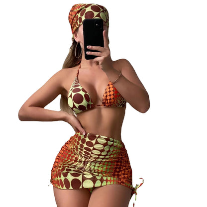 Beaira European and American trade three-point bikini striped split swimsuit mesh hood skirt four piece set bikini sexy swimsuit