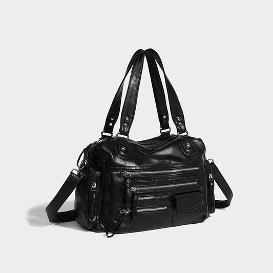 Beaira Black retro zipper motorcycle bag new casual soft handbag light luxury college style single shoulder crossbody bag