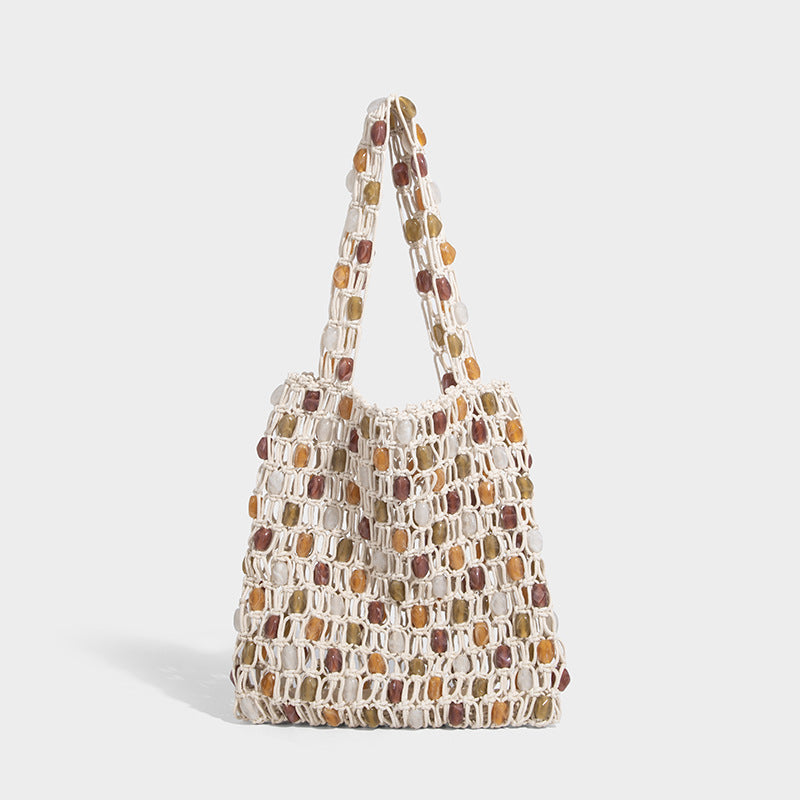 Beaira New cross-border handmade bead bag niche woven contrasting tote bag bead mesh bag single shoulder handbag