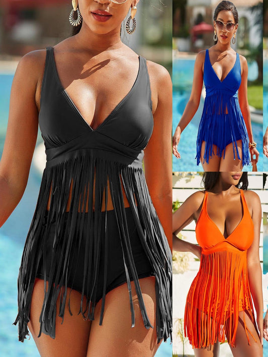 Beaira European and American cross-border new women's split swimsuit solid color plus fringe sexy bikini swimsuit