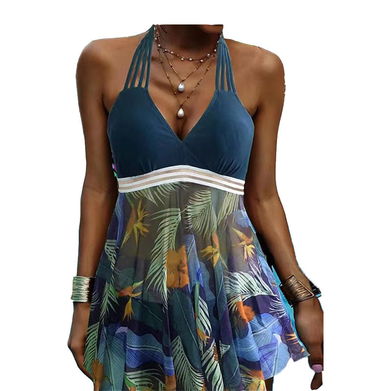 Women's Plus Size Swimwear Tankini 2 Piece Swim Dress Swimsuit 2 Piece Modest Swimwear Open Back Printing for Big Busts Floral Leaf V Wire Vacation Cute Bathing Suits
