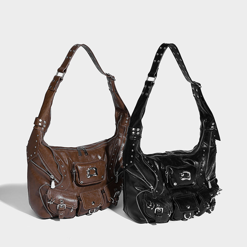 Beaira Sweet Cool Spicy Girl Fashion Versatile Single Shoulder Underarm Motorcycle Bag Heavy duty Rivet Multi Pocket Design Large Capacity Handbag