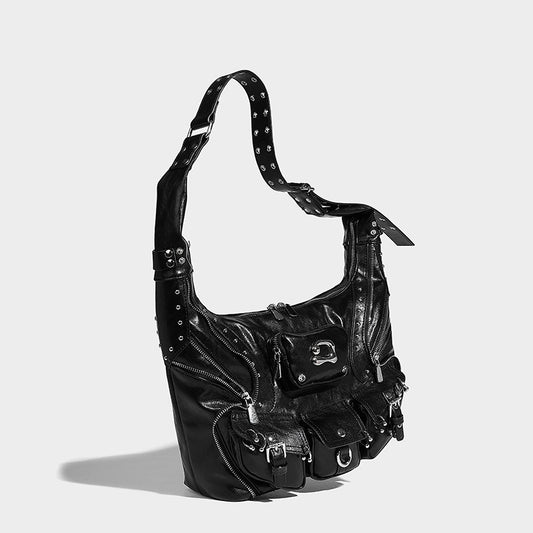 Beaira Sweet Cool Spicy Girl Fashion Versatile Single Shoulder Underarm Motorcycle Bag Heavy duty Rivet Multi Pocket Design Large Capacity Handbag