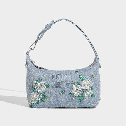 Beaira Niche Chinese style nail bead flower embroidery hand-held dumpling bag new denim casual versatile single shoulder crossbody bag