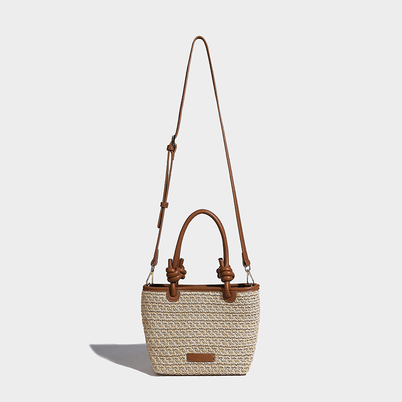 Beaira Spring and summer straw woven hand-held small bucket bag new niche design rope knot beach vacation style vegetable basket bag