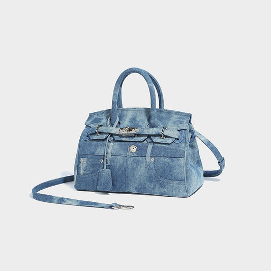 Beaira Small niche retro denim Kelly bag women's new high-end fashion handbag large capacity single shoulder crossbody bag