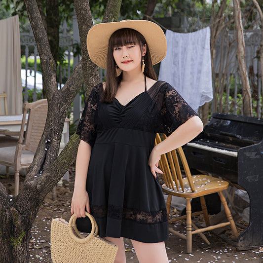 Beaira Fat and loose hot spring swimsuit for women split flat corner black lace plus plus size for chubby girls to cover their bellies and show off their weight swimsuit