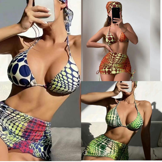 Beaira European and American trade three-point bikini striped split swimsuit mesh hood skirt four piece set bikini sexy swimsuit