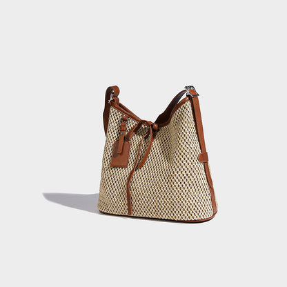 Beaira Leisure vacation style hollow woven straw bucket bag new splicing large capacity single shoulder tote beach bag