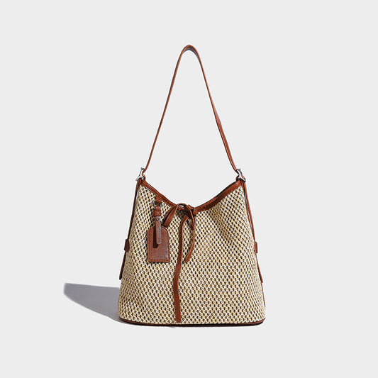 Beaira Leisure vacation style hollow woven straw bucket bag new splicing large capacity single shoulder tote beach bag