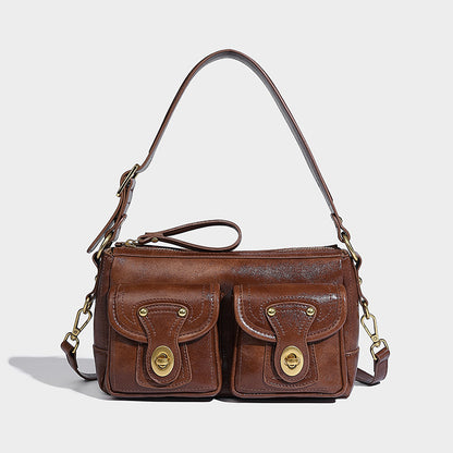 Beaira American retro niche design armpit bag double pocket handbag versatile for autumn and winter single shoulder sloping motorcycle bag