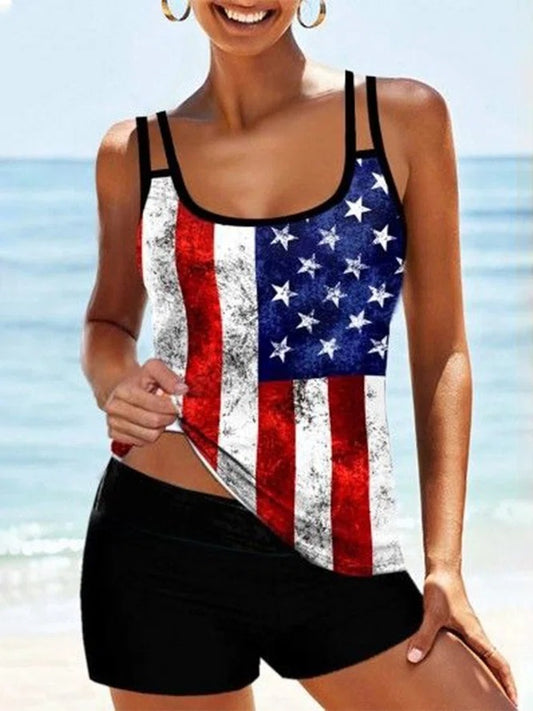 Women's Swimwear Tankini 2 Piece American Flag Print Vacation Bathing Suits