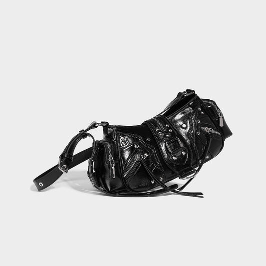 Beaira European and American retro motorcycle style handbag fashionable niche rivet shoulder bag multi pocket design oil wax leather crossbody bag