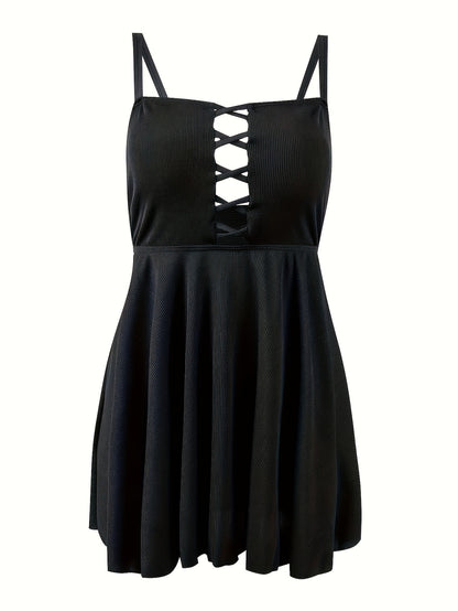 Beaira Women's Black Lace Up Swimwear Halter Neck Tankini With