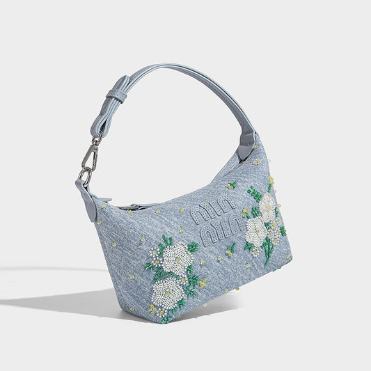 Beaira Niche Chinese style nail bead flower embroidery hand-held dumpling bag new denim casual versatile single shoulder crossbody bag