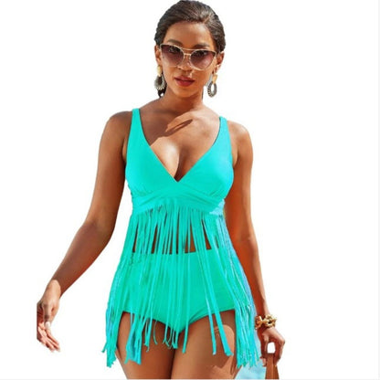Beaira European and American cross-border new women's split swimsuit solid color plus fringe sexy bikini swimsuit