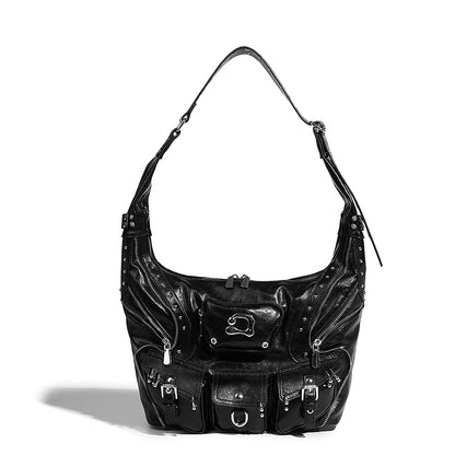 Beaira Sweet Cool Spicy Girl Fashion Versatile Single Shoulder Underarm Motorcycle Bag Heavy duty Rivet Multi Pocket Design Large Capacity Handbag