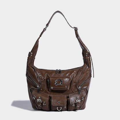 Beaira Sweet Cool Spicy Girl Fashion Versatile Single Shoulder Underarm Motorcycle Bag Heavy duty Rivet Multi Pocket Design Large Capacity Handbag