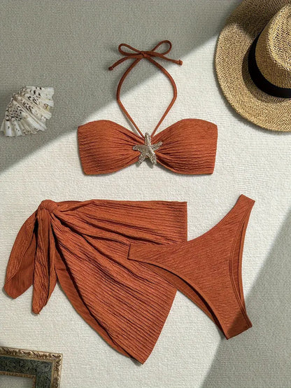 Beaira European and American new bikini solid color swimsuit three piece strapless beach skirt cross-border bikini women