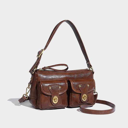 Beaira American retro niche design armpit bag double pocket handbag versatile for autumn and winter single shoulder sloping motorcycle bag