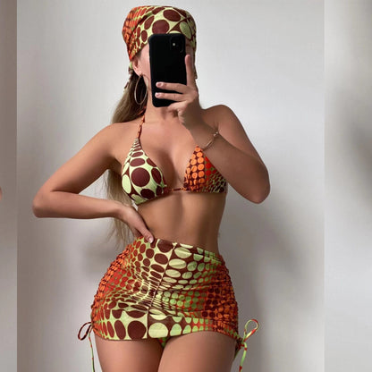Beaira European and American trade three-point bikini striped split swimsuit mesh hood skirt four piece set bikini sexy swimsuit