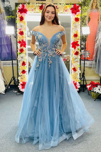 Off The Shoulder A Line Prom Dresses With Flower Appliques