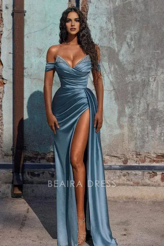 Beaira Elegant Off The Shoulder Beaded Satin Long Prom Dresses formal wear dresses