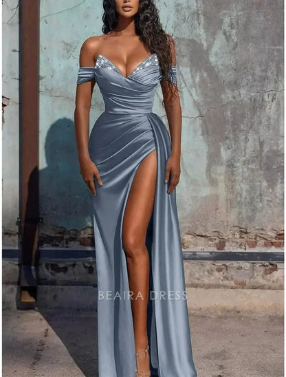 Beaira Elegant Off The Shoulder Beaded Satin Long Prom Dresses formal wear dresses