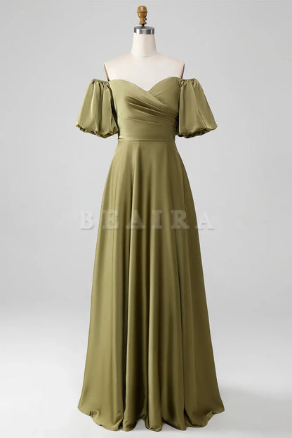 Beaira Olive A-Line Off The Shoulder Long Bridesmaid Dress with Short Sleeves Bridesmaid dress shop