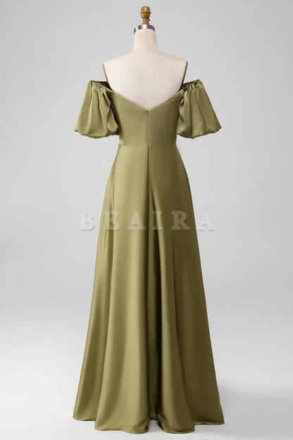 Beaira Olive A-Line Off The Shoulder Long Bridesmaid Dress with Short Sleeves Bridesmaid dress shop