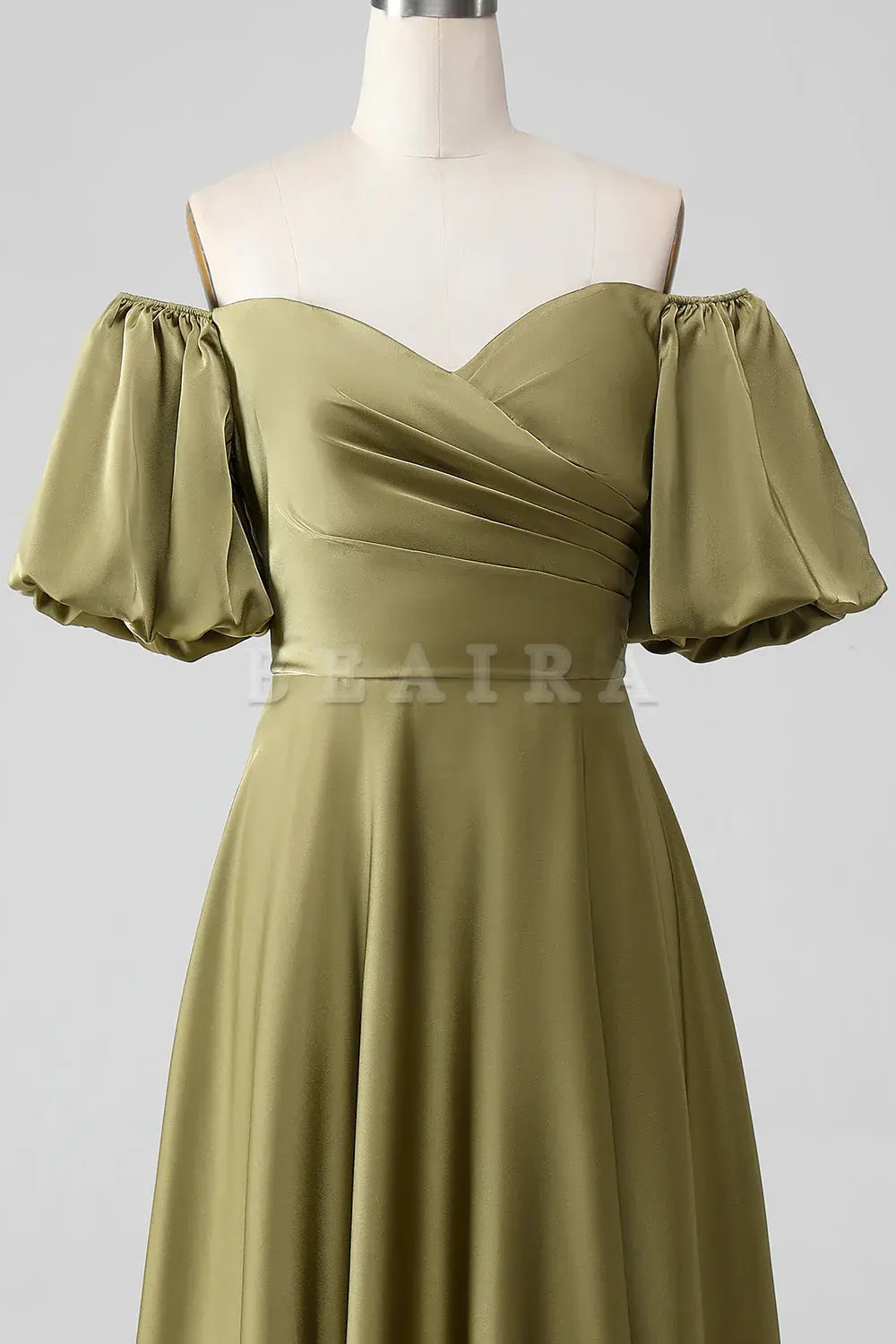 Beaira Olive A-Line Off The Shoulder Long Bridesmaid Dress with Short Sleeves Bridesmaid dress shop