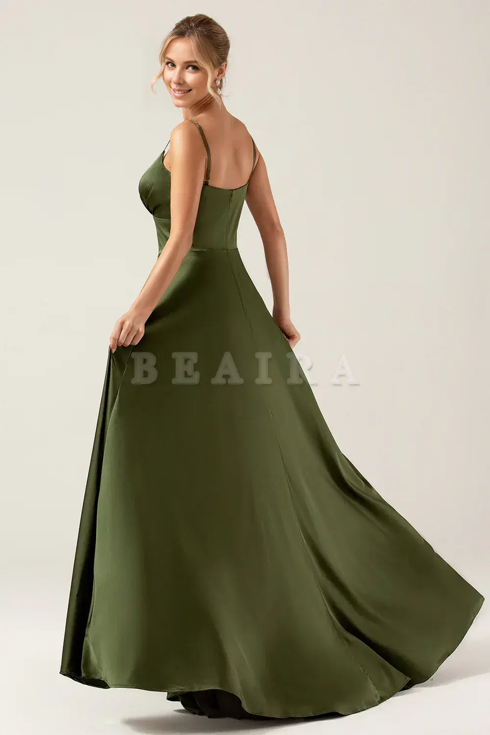 Beaira Olive A-Line Spaghetti Straps Long Bridesmaid Dress With Slit Bridesmaid dress shop